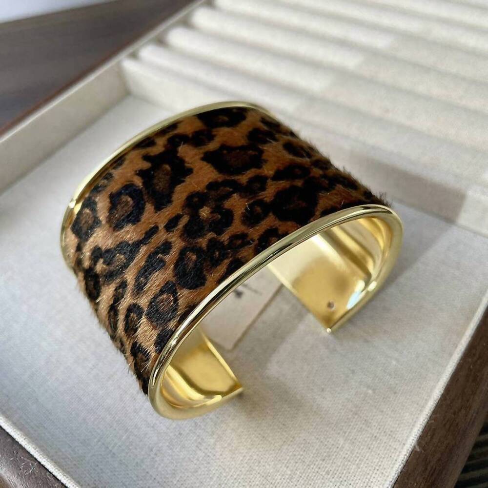 NEW DIPPED SHOP women's leopard print open wide cuff bracelet in dark brown